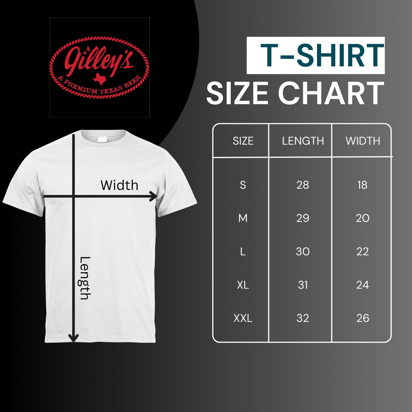 Gilley's Beer - Bull Rider Sign Shirt - Size chart
